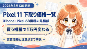 Google Pixel 11シリーズの下取り価格一覧。iPhone 39機種とPixel 29機種の見積額を2026年8月13日時点で掲載。同じ端末でも購入するモデルによって下取り額が1万円変わります。ストアポイントを含めた実質価格と、査定で減額される条件も解説しています。